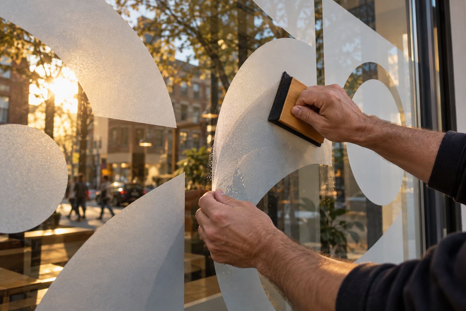 Frosted vinyl being smoothed onto a storefront window with a squeegee.