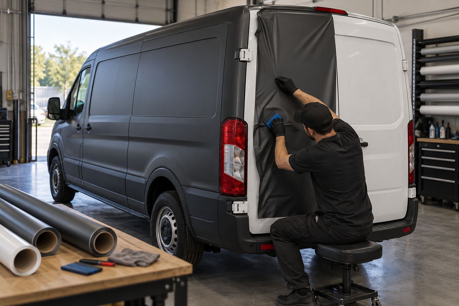 A work van in a shop bay, half wrapped in charcoal vinyl, with an installer smoothing the film onto the rear door.